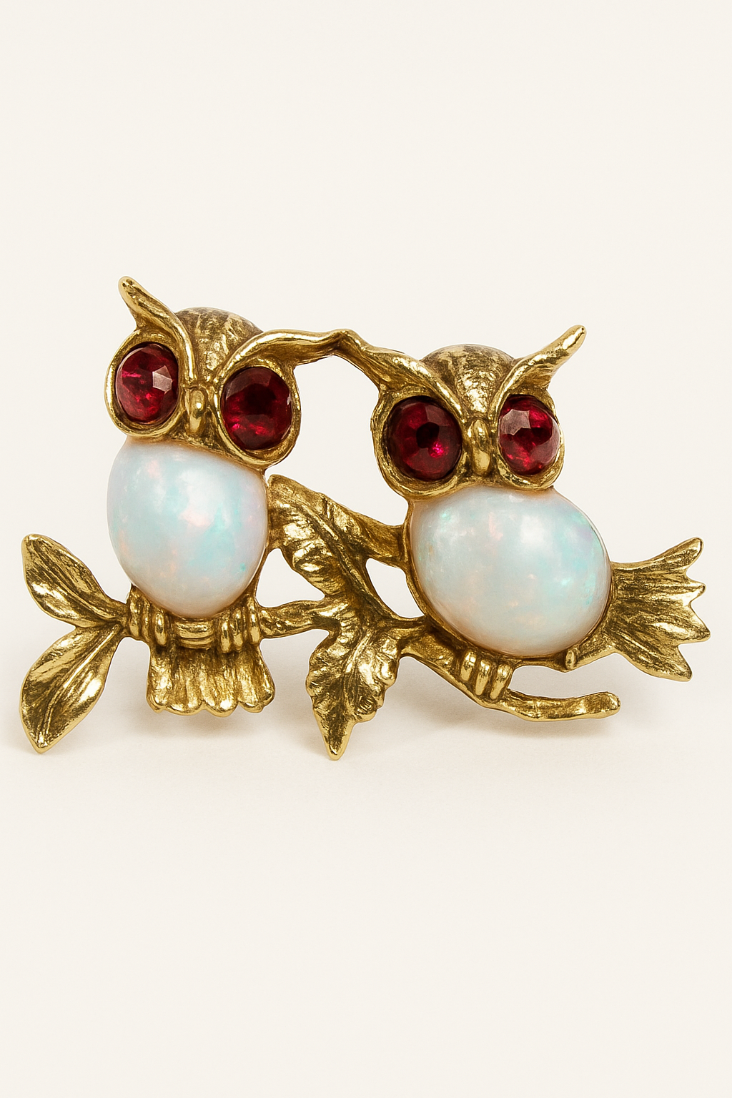 Vintage Two Owl Brooch in 9ct Yellow Gold with Rubies and Opals