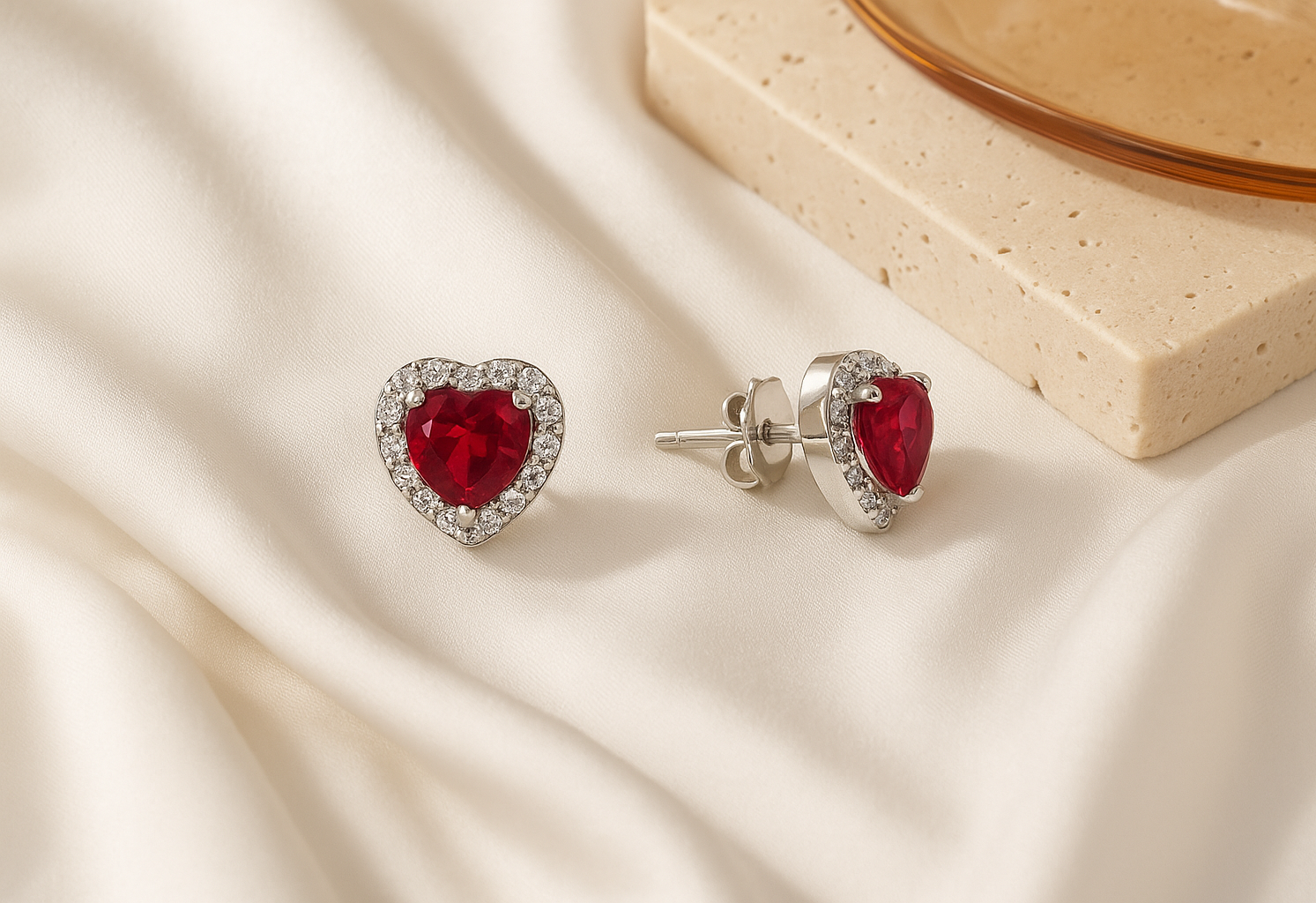 Heart Shaped Ruby & Diamond Halo Stud