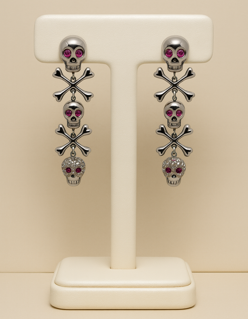 Skull & Bones Drop Earrings 18ct Gold with Diamonds & Pink Rubies