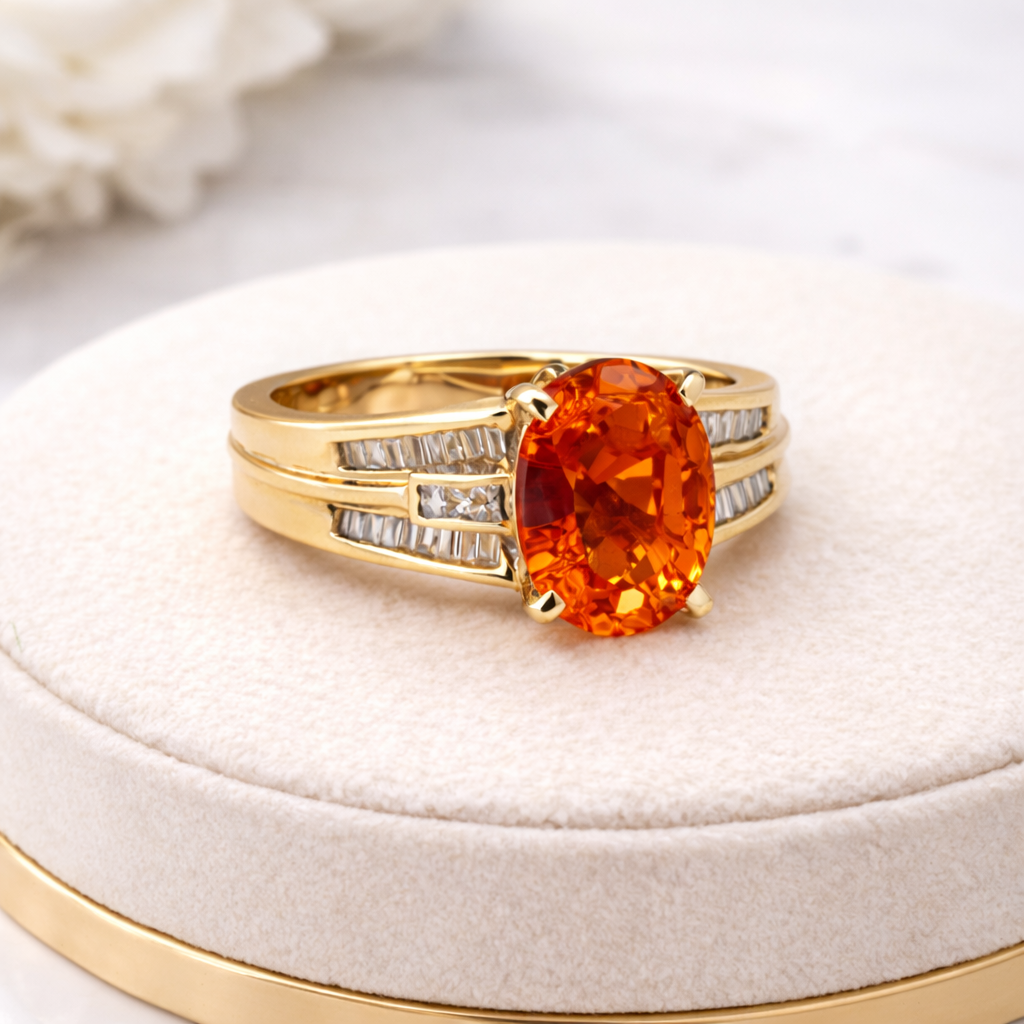 18ct Yellow Gold Fire Opal & Baguette Diamond Ring
