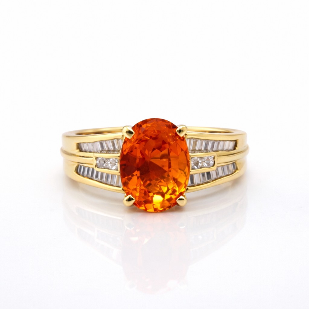 18ct Yellow Gold Fire Opal & Baguette Diamond Ring