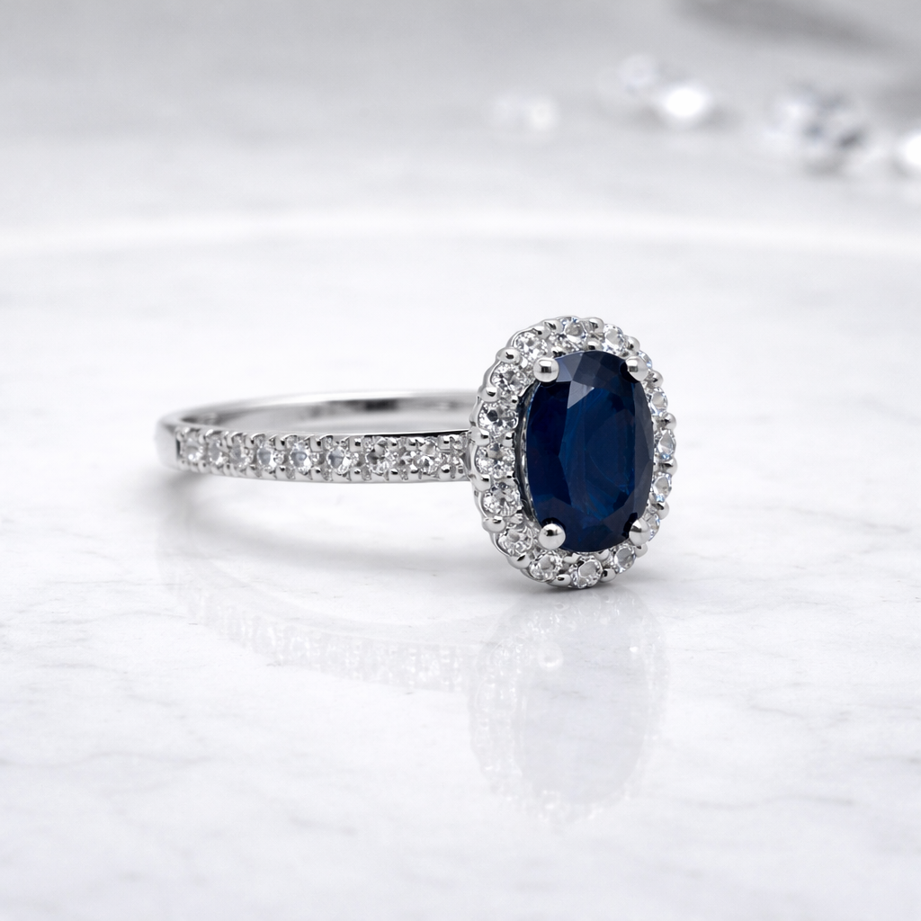 Oval Sapphire & Diamond Halo Ring in 14ct White Gold