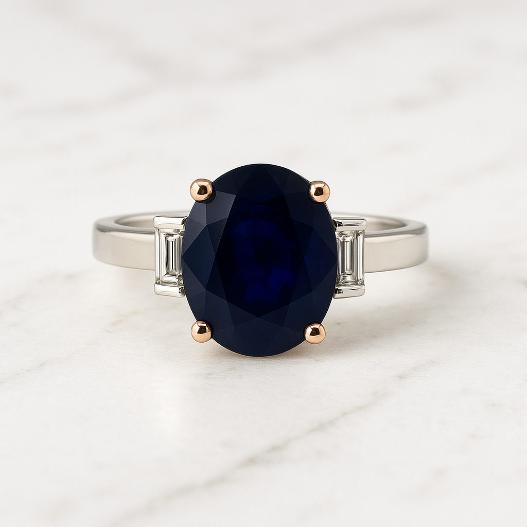 4.63ct Oval Cut Natural Sapphire with Baguette Diamonds