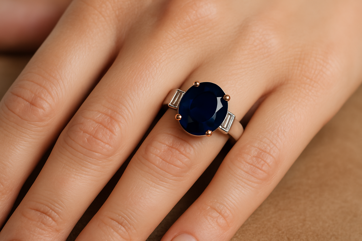 4.63ct Oval Cut Natural Sapphire with Baguette Diamonds