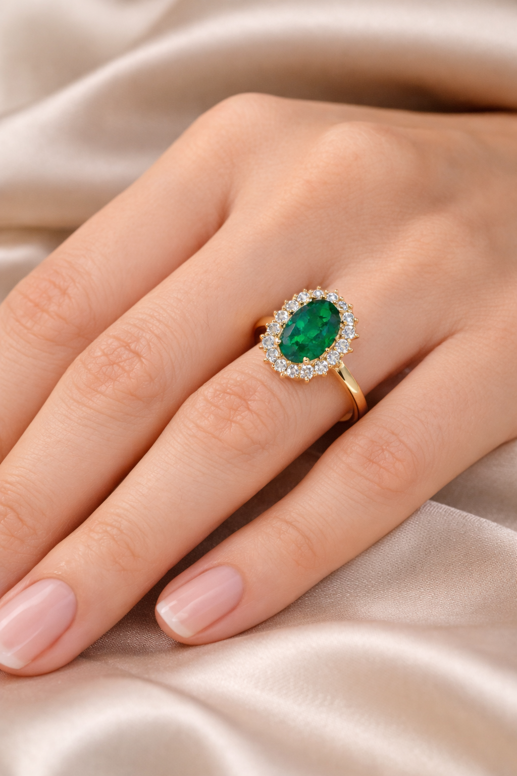 Green Emerald & Diamonds Halo Ring
