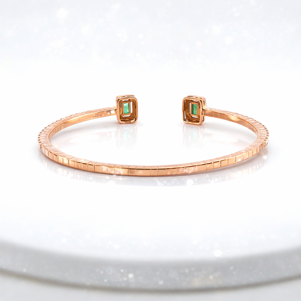 18ct Rose Gold Emerald & Diamond Open Cuff Bracelet