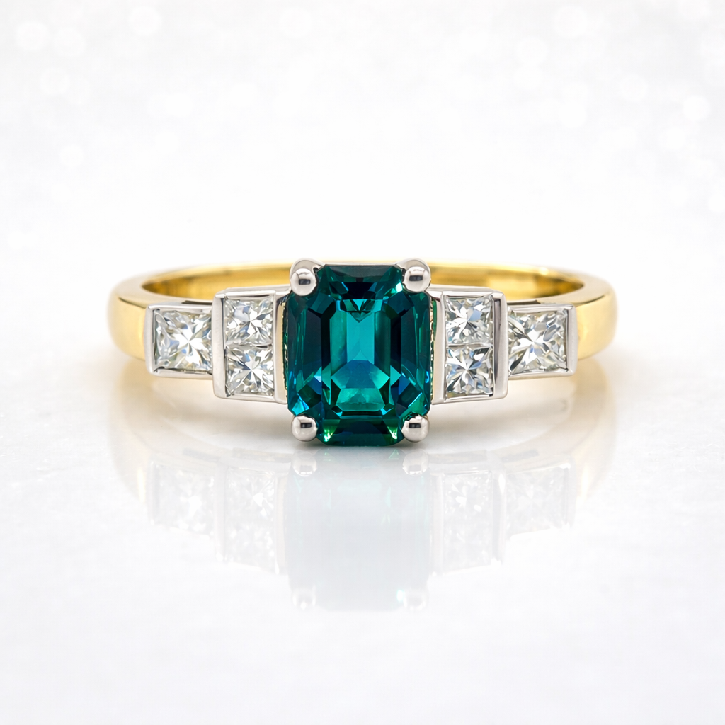 Radiant Teal Sapphire & Diamond Ring