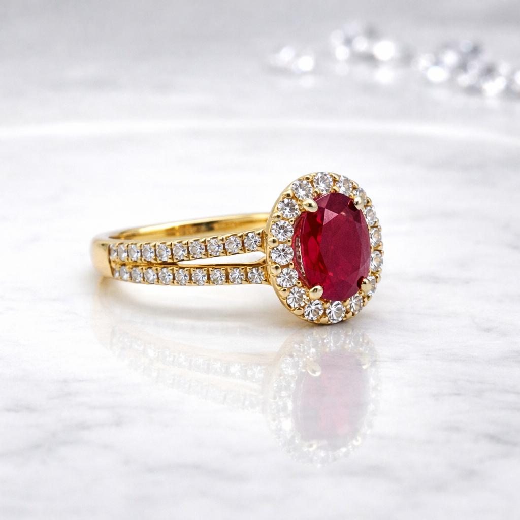 Oval Ruby & Diamond Halo Ring