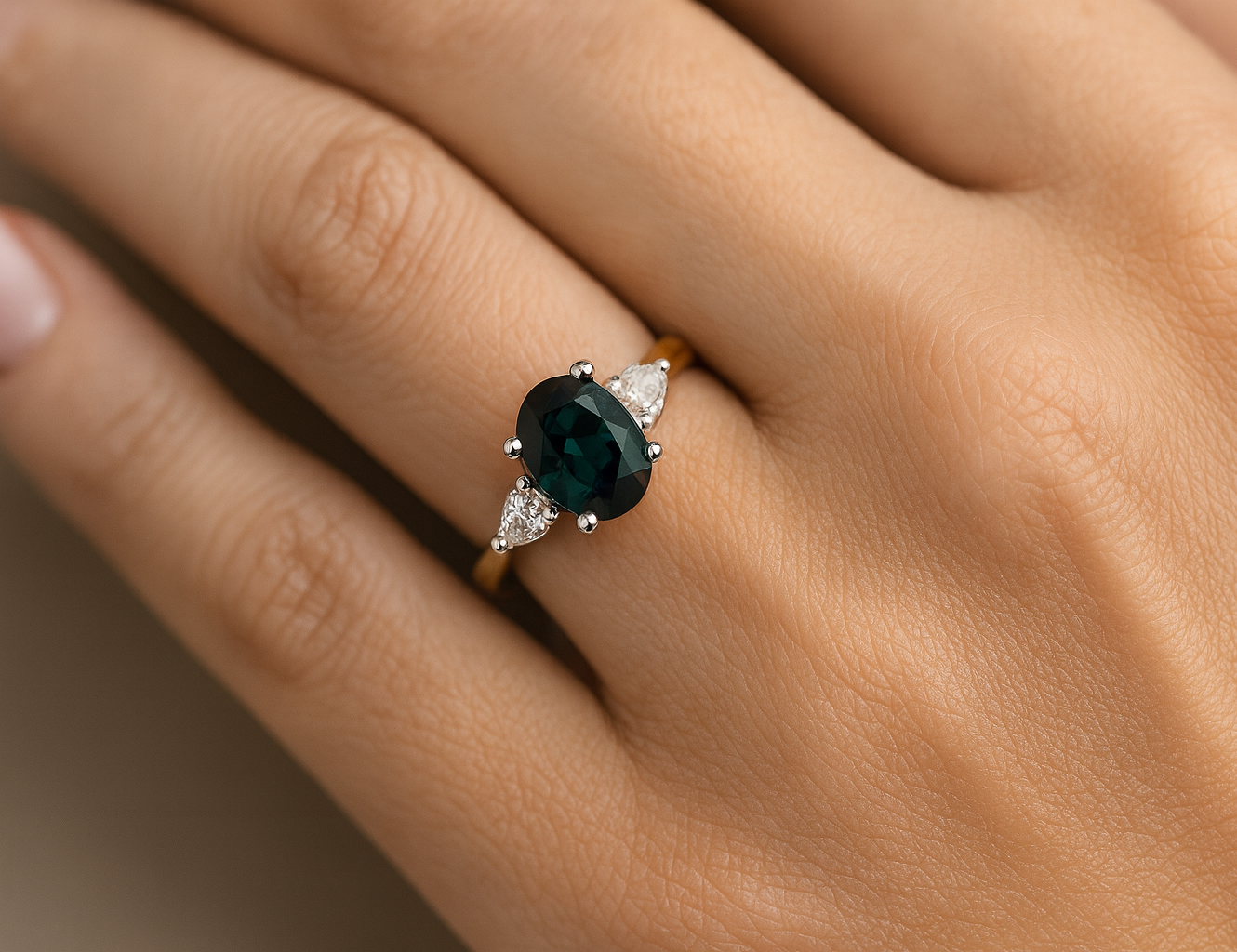 Oval cut Teal sapphire with pear diamonds