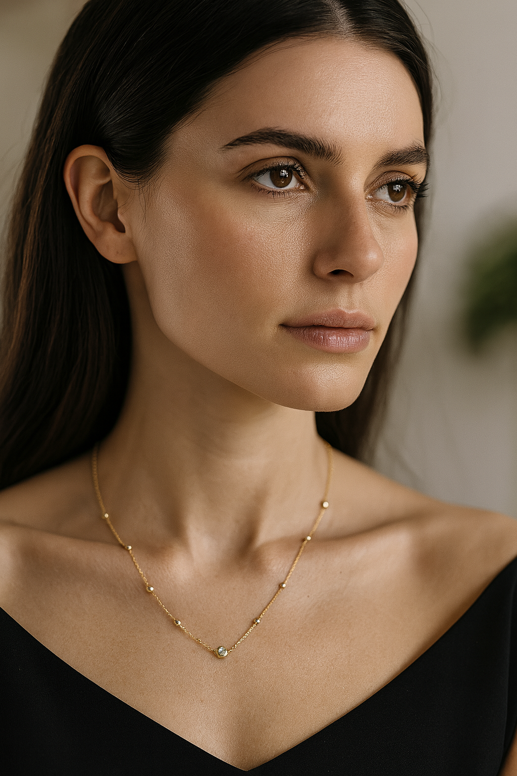 Diamond Droplet and Bead Station Necklace
