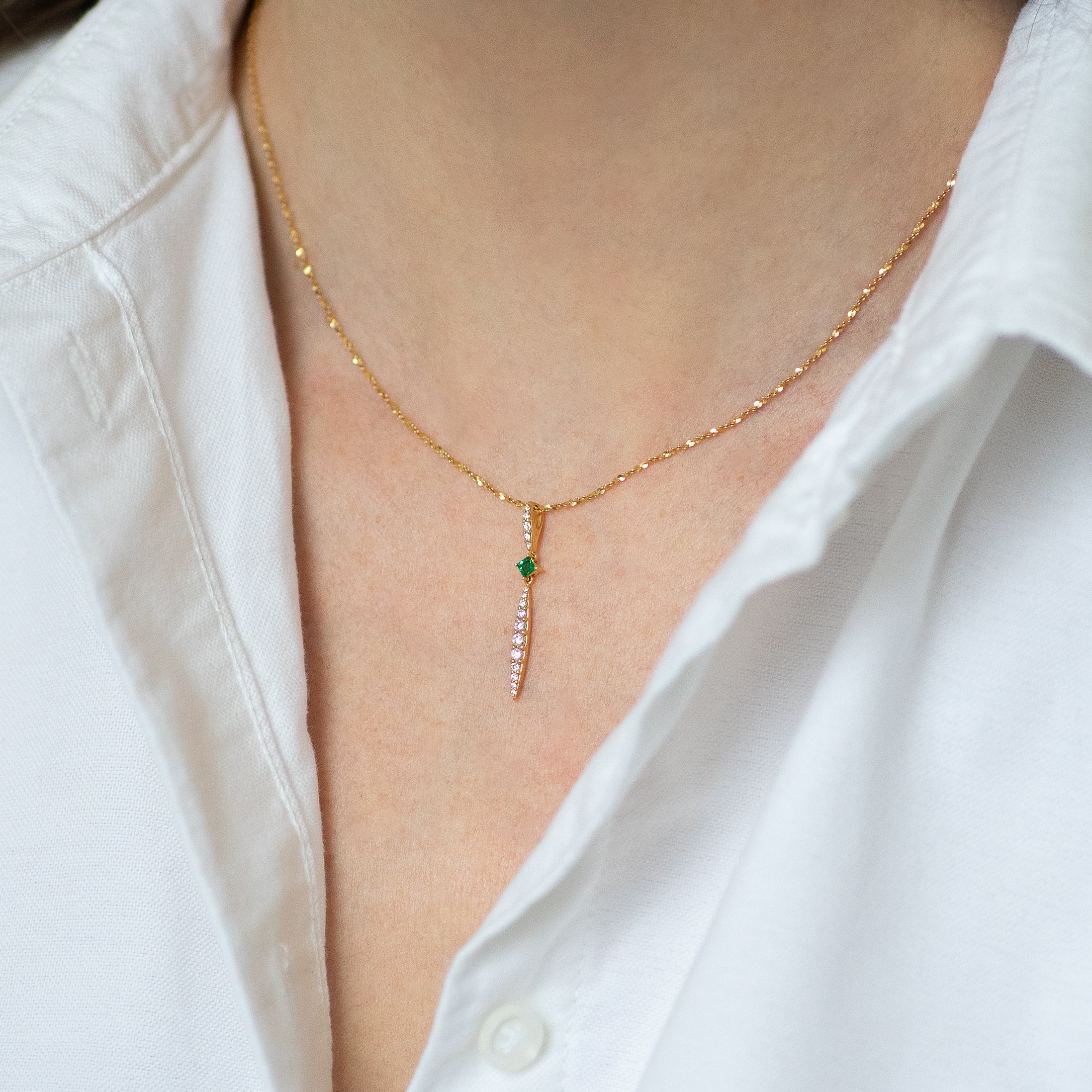Emerald and Diamond Drop Pendant in Yellow Gold
