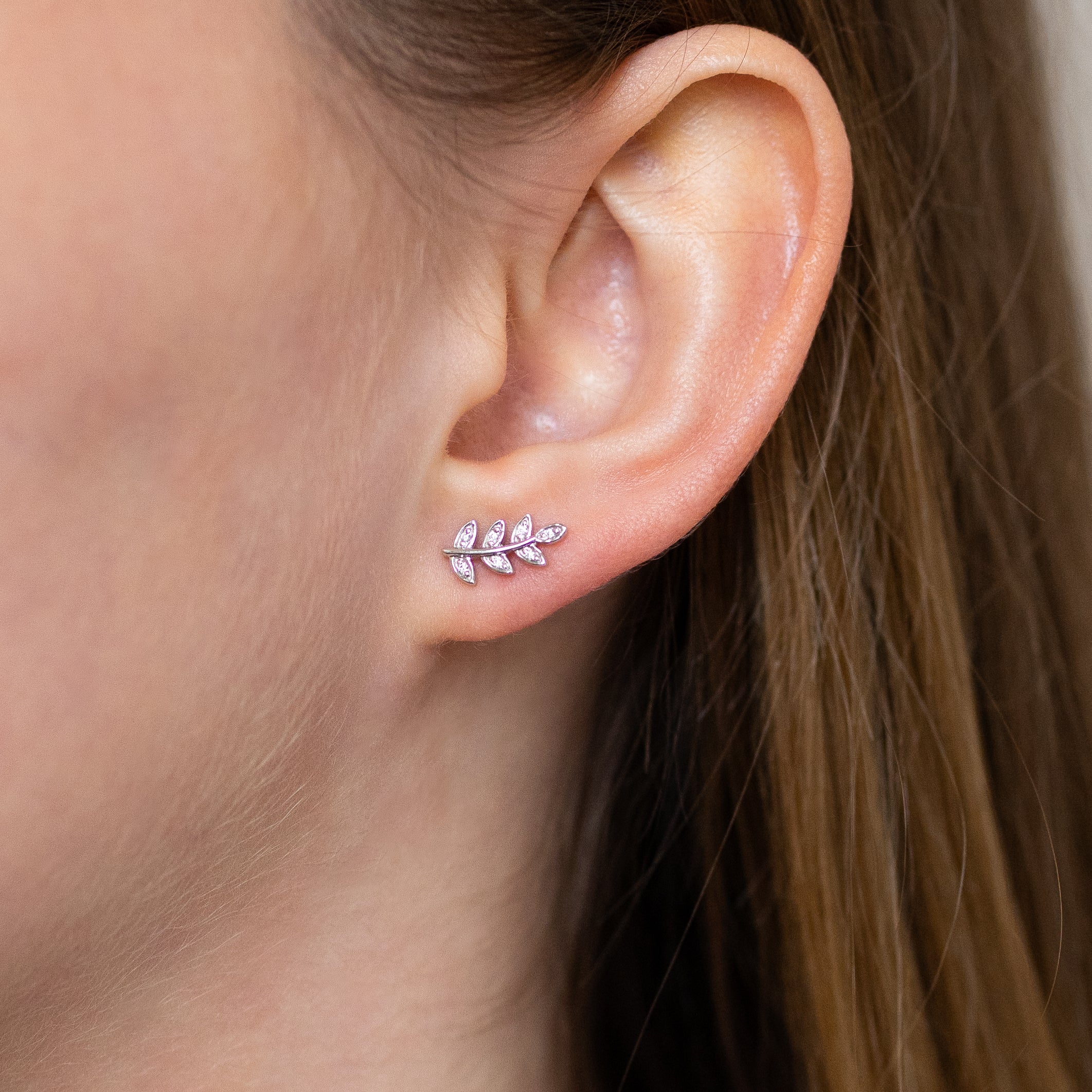 White Gold Leaf Stud Earrings