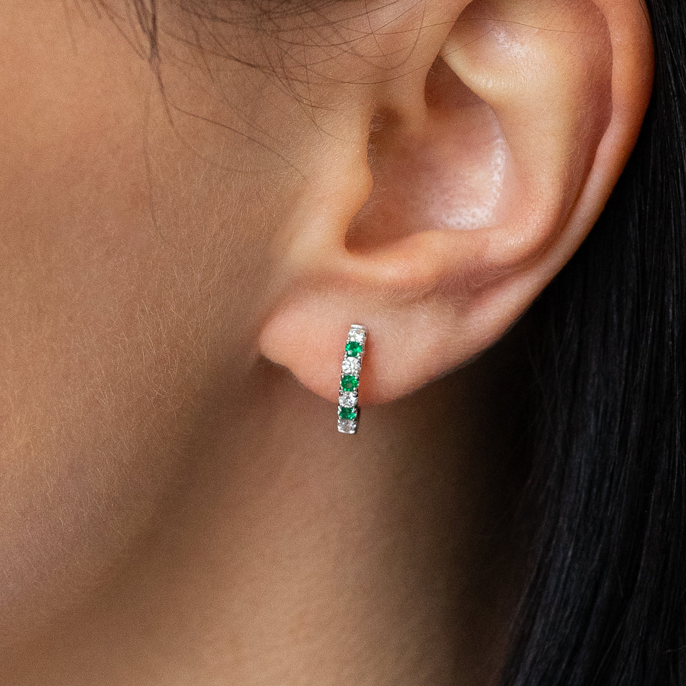 Emerald & Diamond Hoop Earrings in White Gold