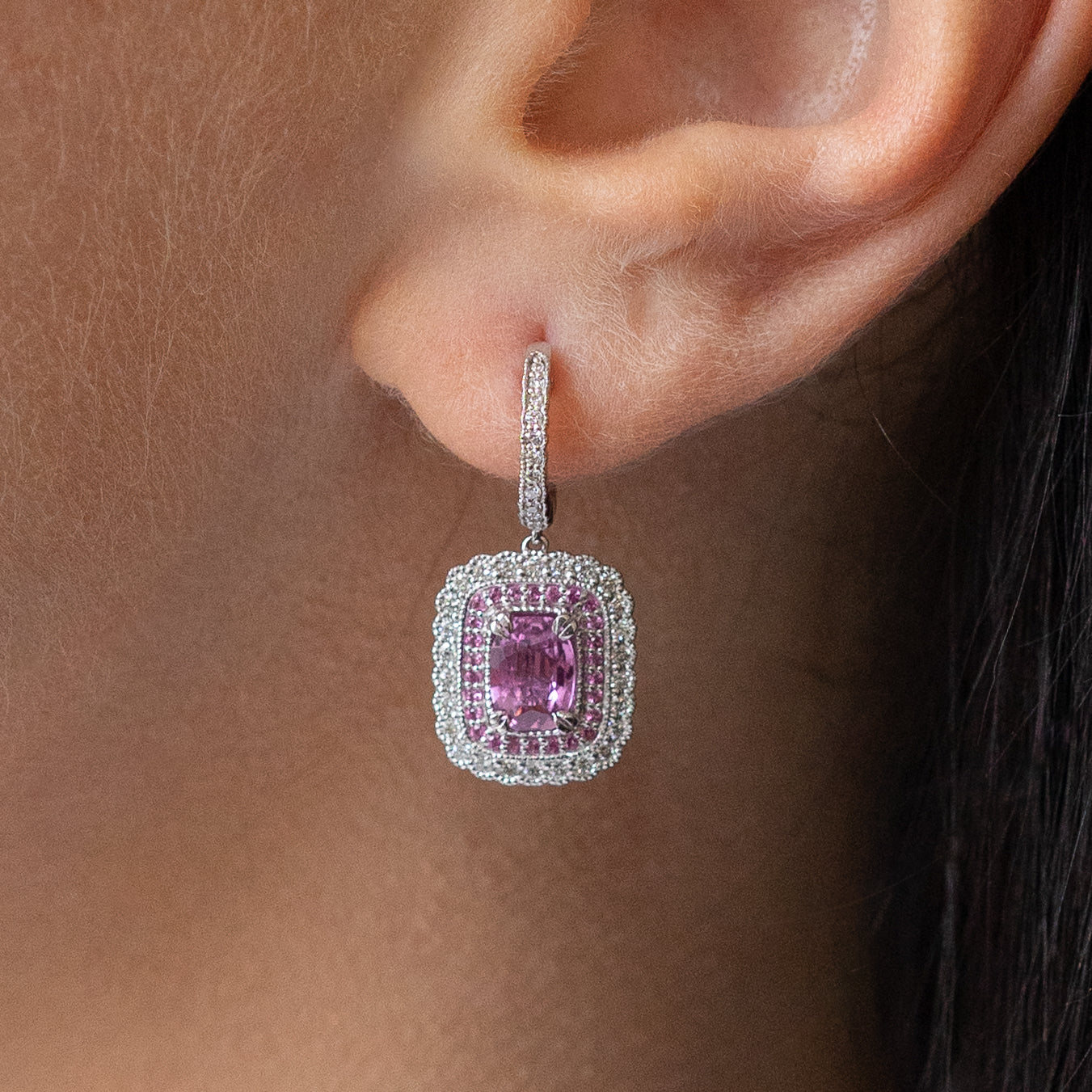 Pink Sapphire Earrings in White Gold