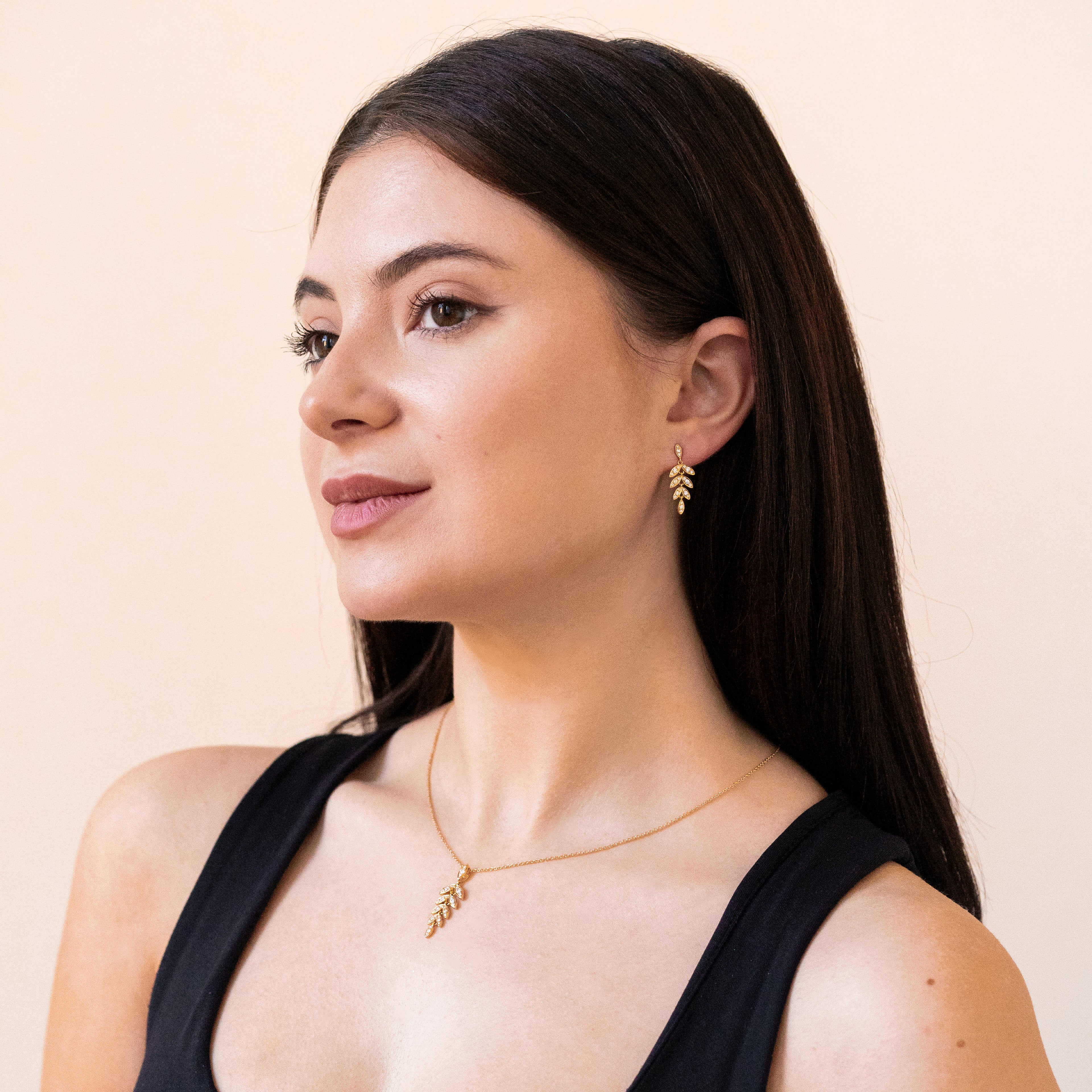 Leaf Style Gold Earrings with Diamonds