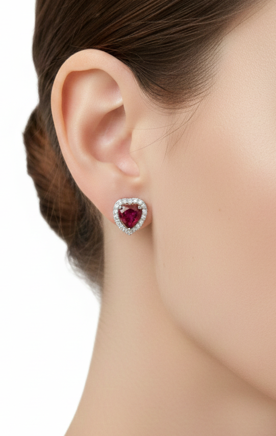 Heart Shaped Ruby & Diamond Halo Stud