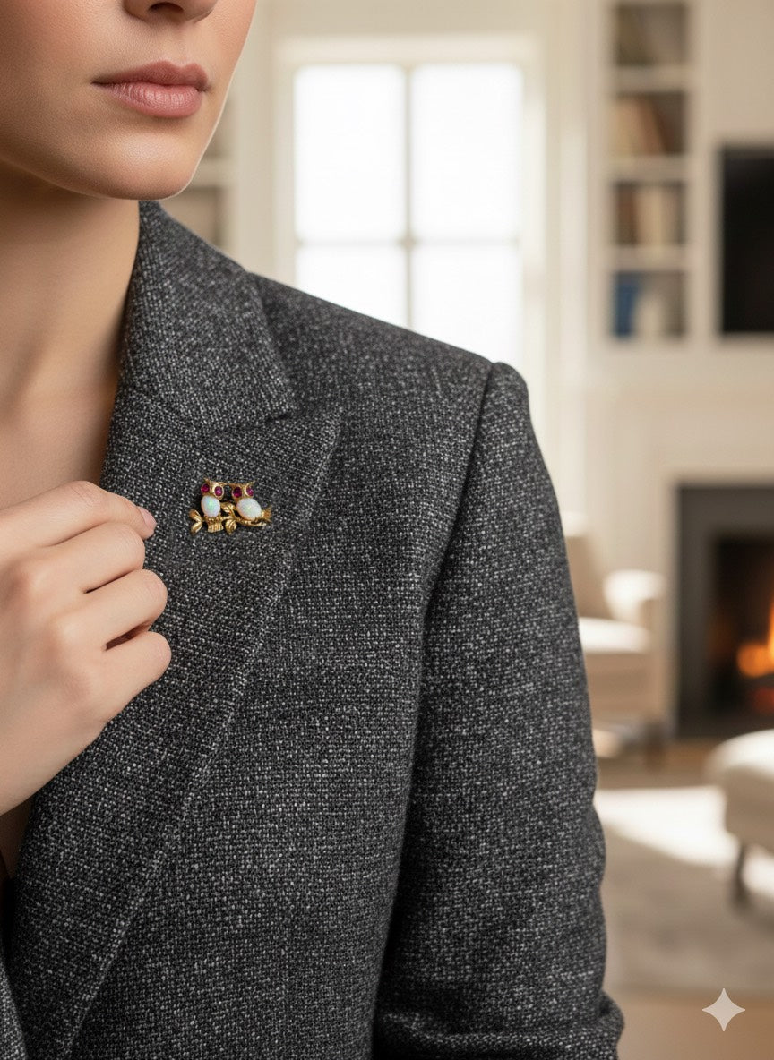 Vintage Two Owl Brooch in 9ct Yellow Gold with Rubies and Opals