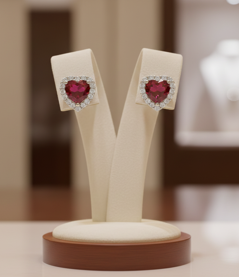 Heart Shaped Ruby & Diamond Halo Stud