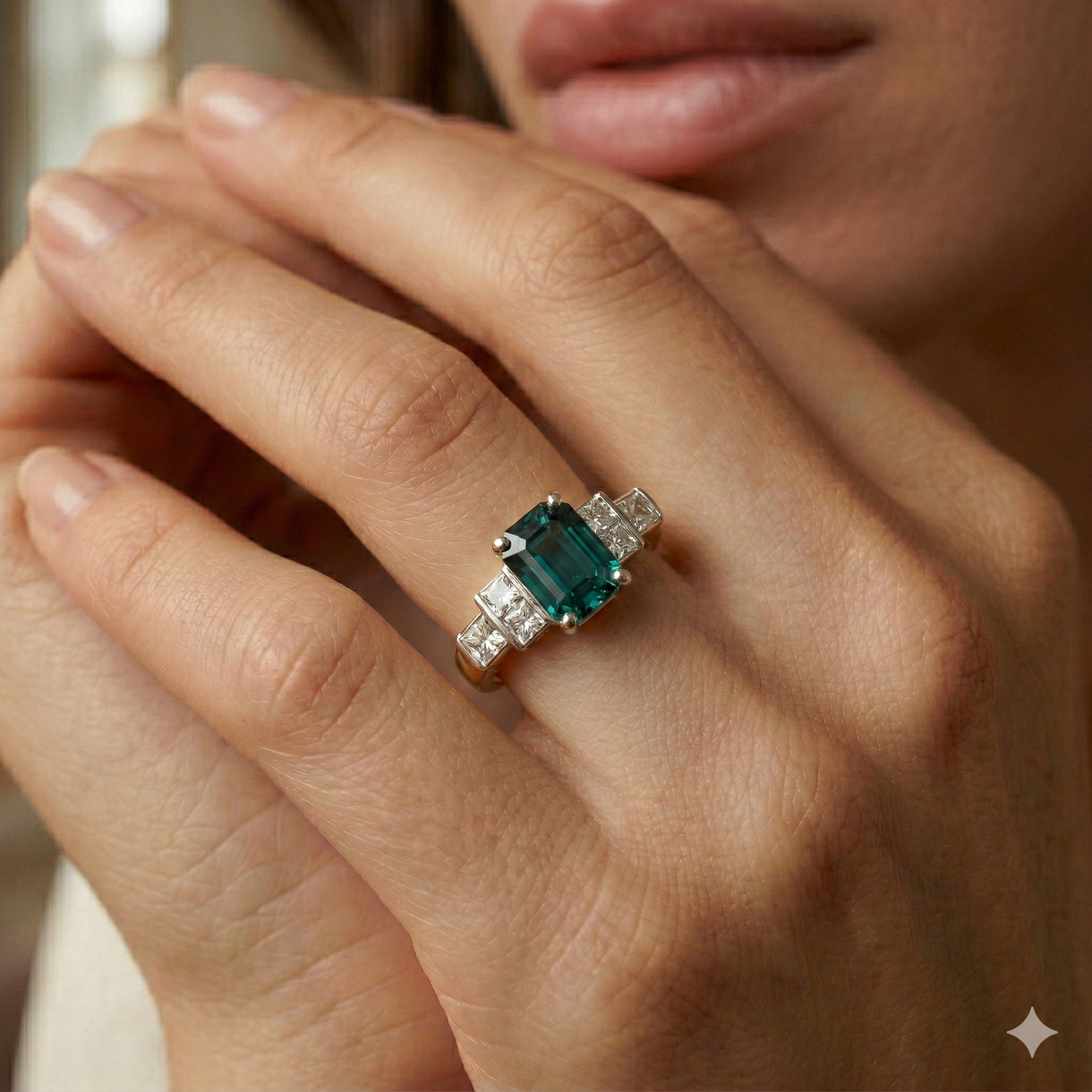 Radiant Teal Sapphire & Diamond Ring