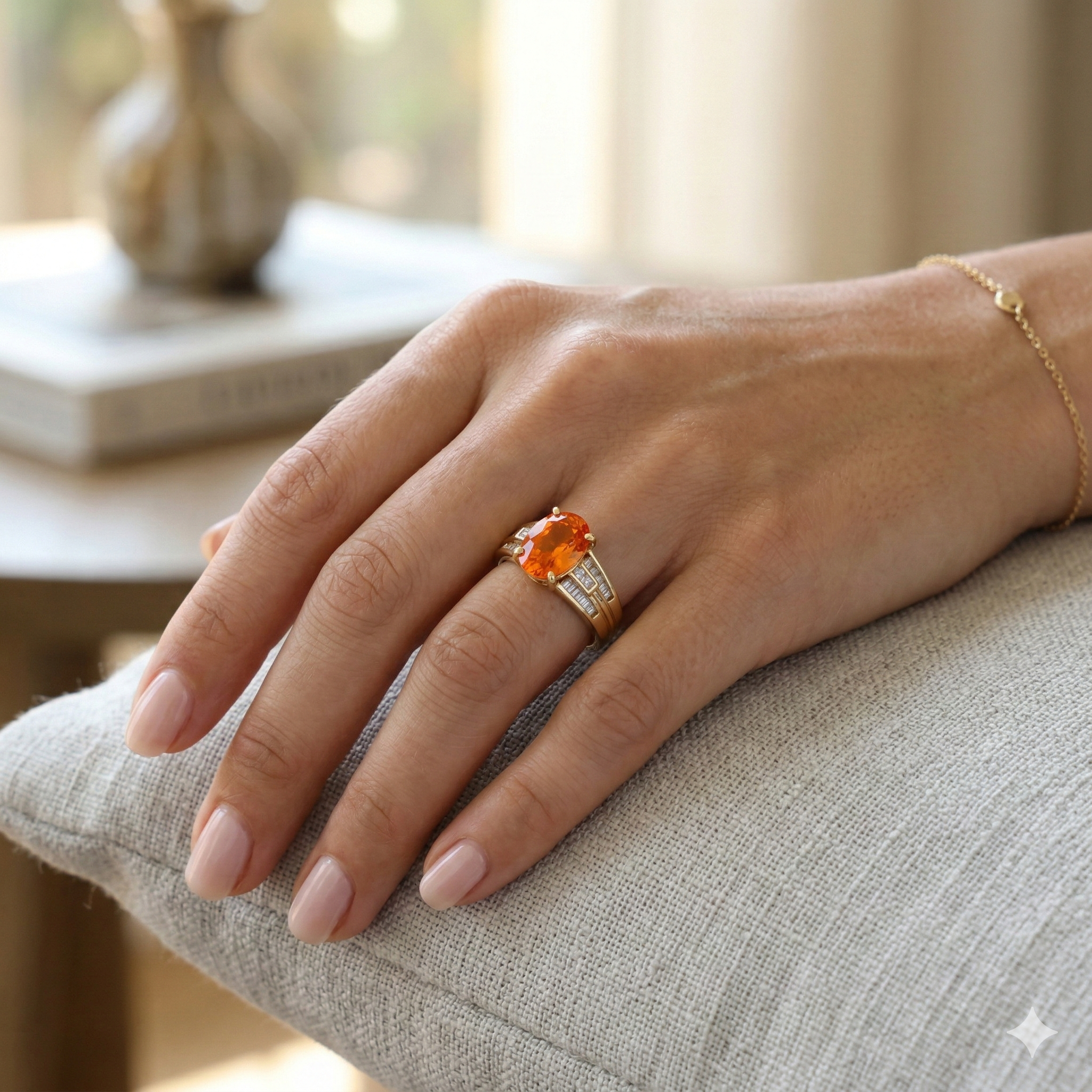 18ct Yellow Gold Fire Opal & Baguette Diamond Ring