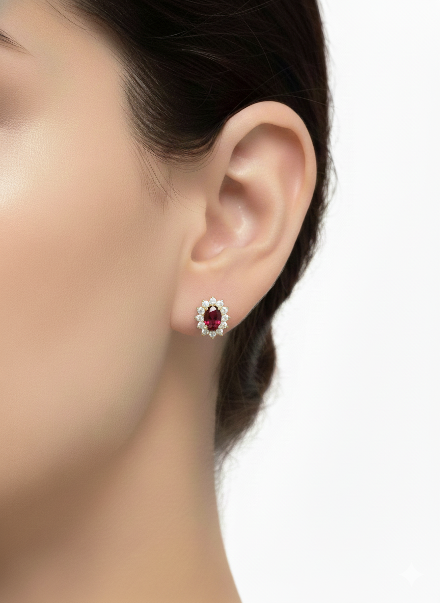 18ct Yellow Gold Ruby & Diamond Halo Stud
