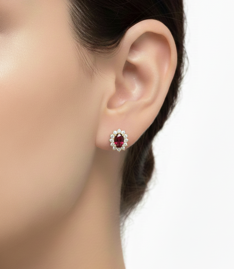 18ct Yellow Gold Ruby & Diamond Halo Stud