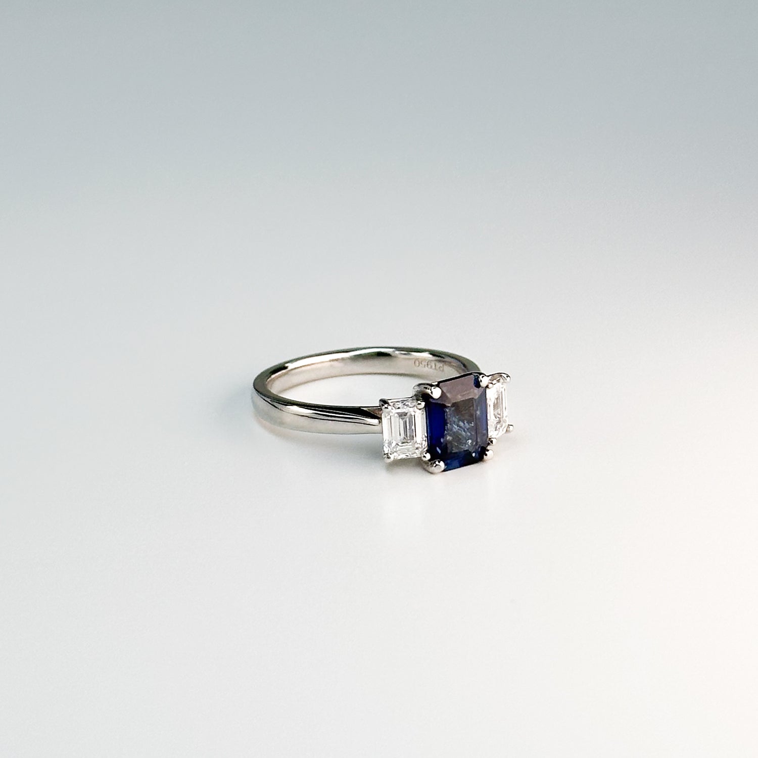 Emerald Cut Blue Sapphire and Diamond Ring
