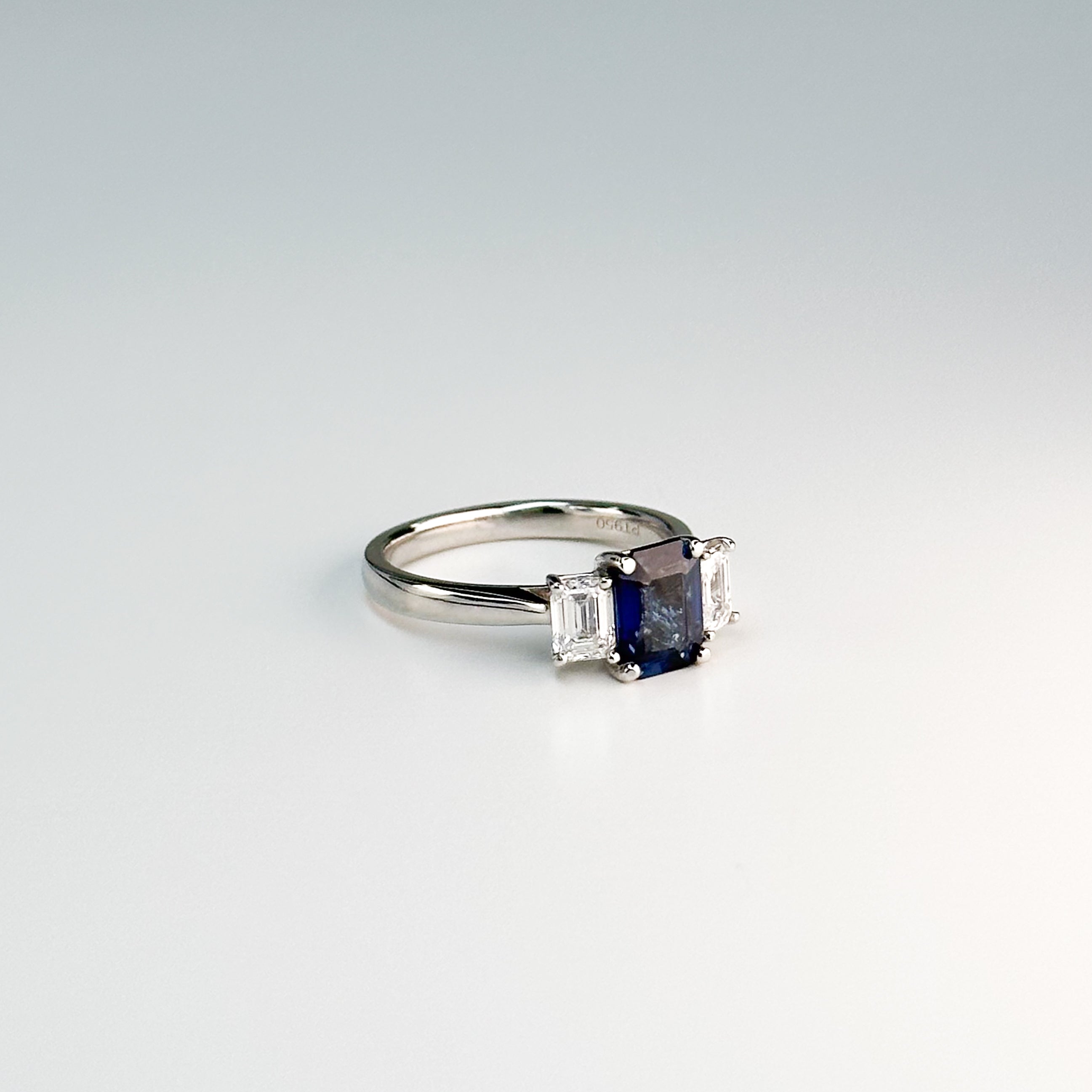 Emerald Cut Blue Sapphire and Diamond Ring
