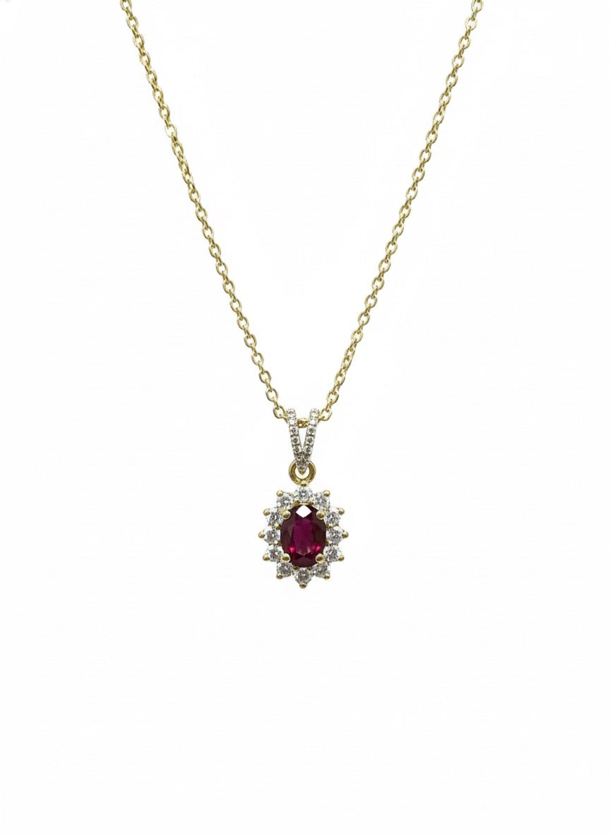 18ct Yellow Gold Ruby & Diamond Halo Pendant