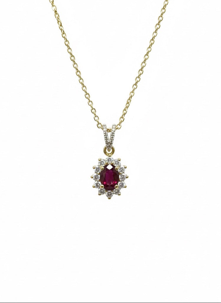 18ct Yellow Gold Ruby & Diamond Halo Pendant