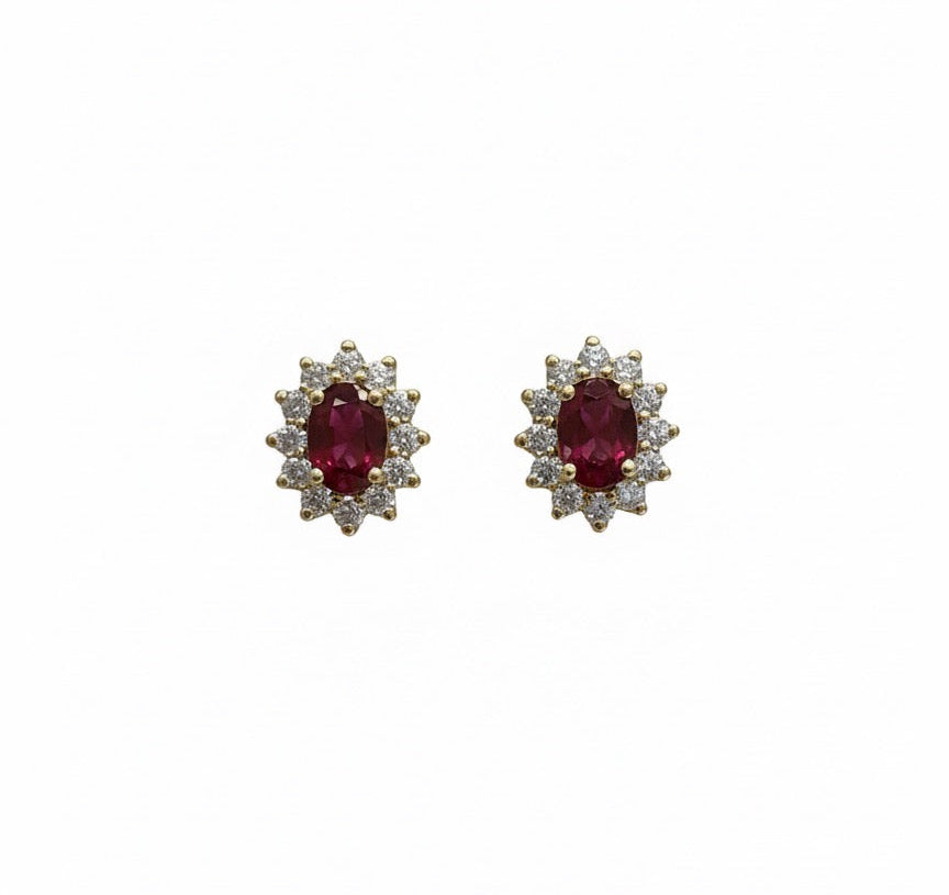 18ct Yellow Gold Ruby & Diamond Halo Stud