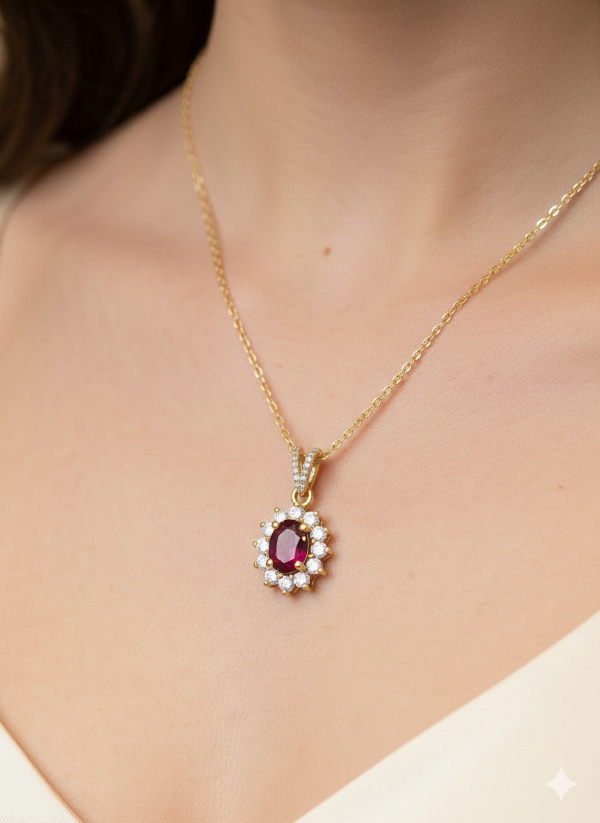 18ct Yellow Gold Ruby & Diamond Halo Pendant