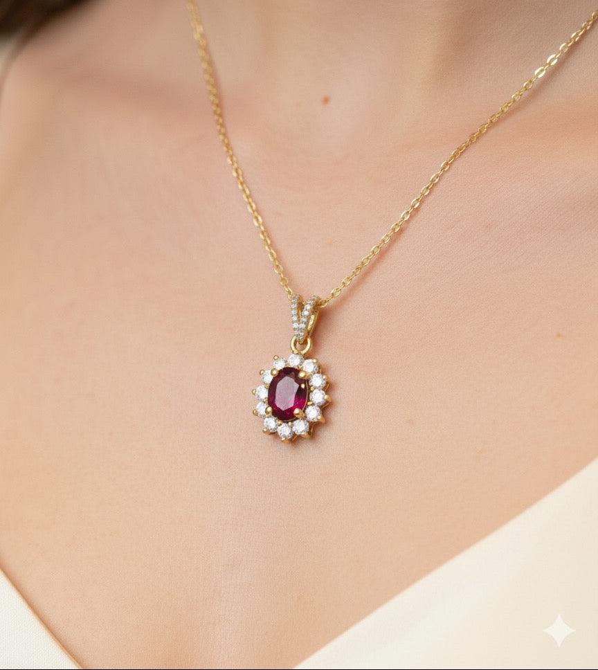 18ct Yellow Gold Ruby & Diamond Halo Pendant