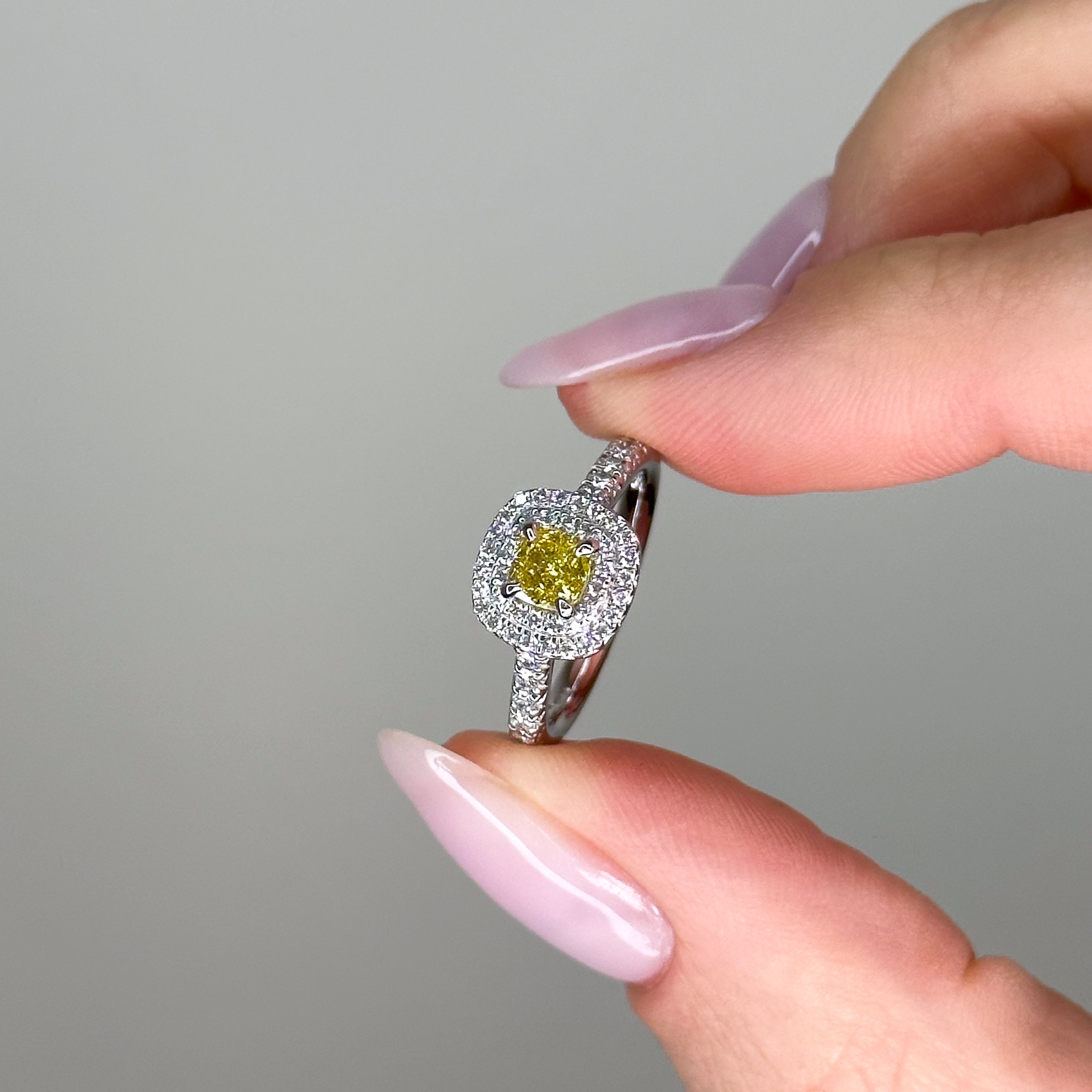 0.50ct Yellow Cushion Cut Diamond Ring with Double Halo