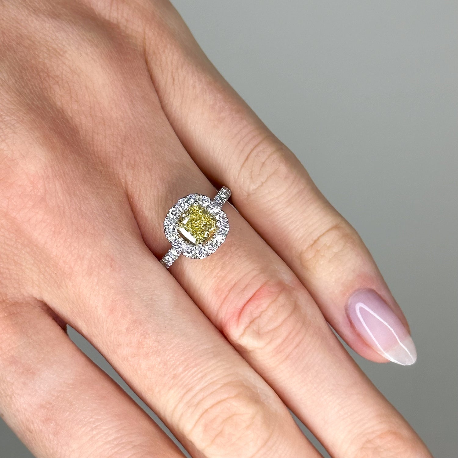 1.04ct Yellow Cushion Cut Diamond Ring with Diamond Halo