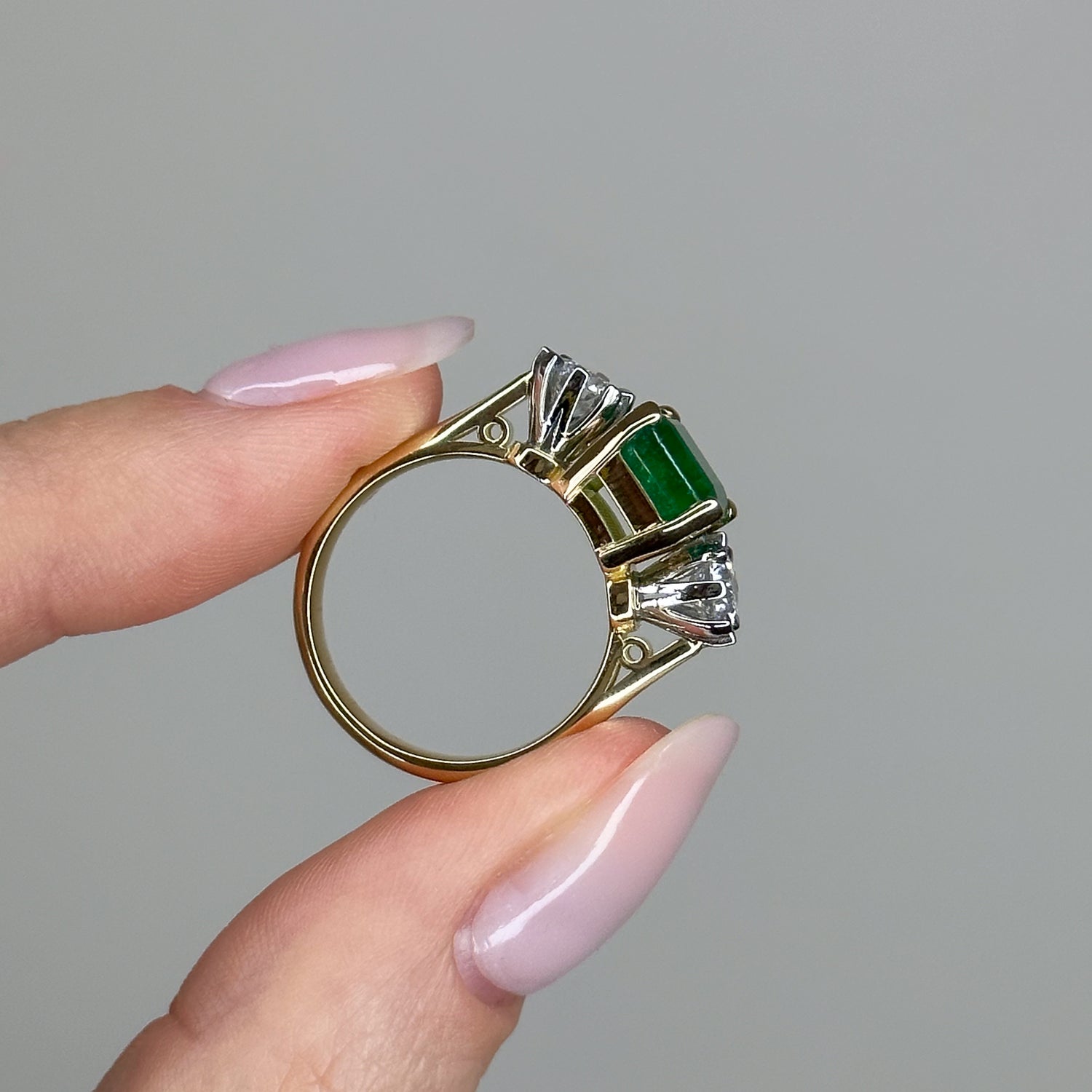 2.49ct Emerald Trilogy Ring with Diamonds in Yellow Gold