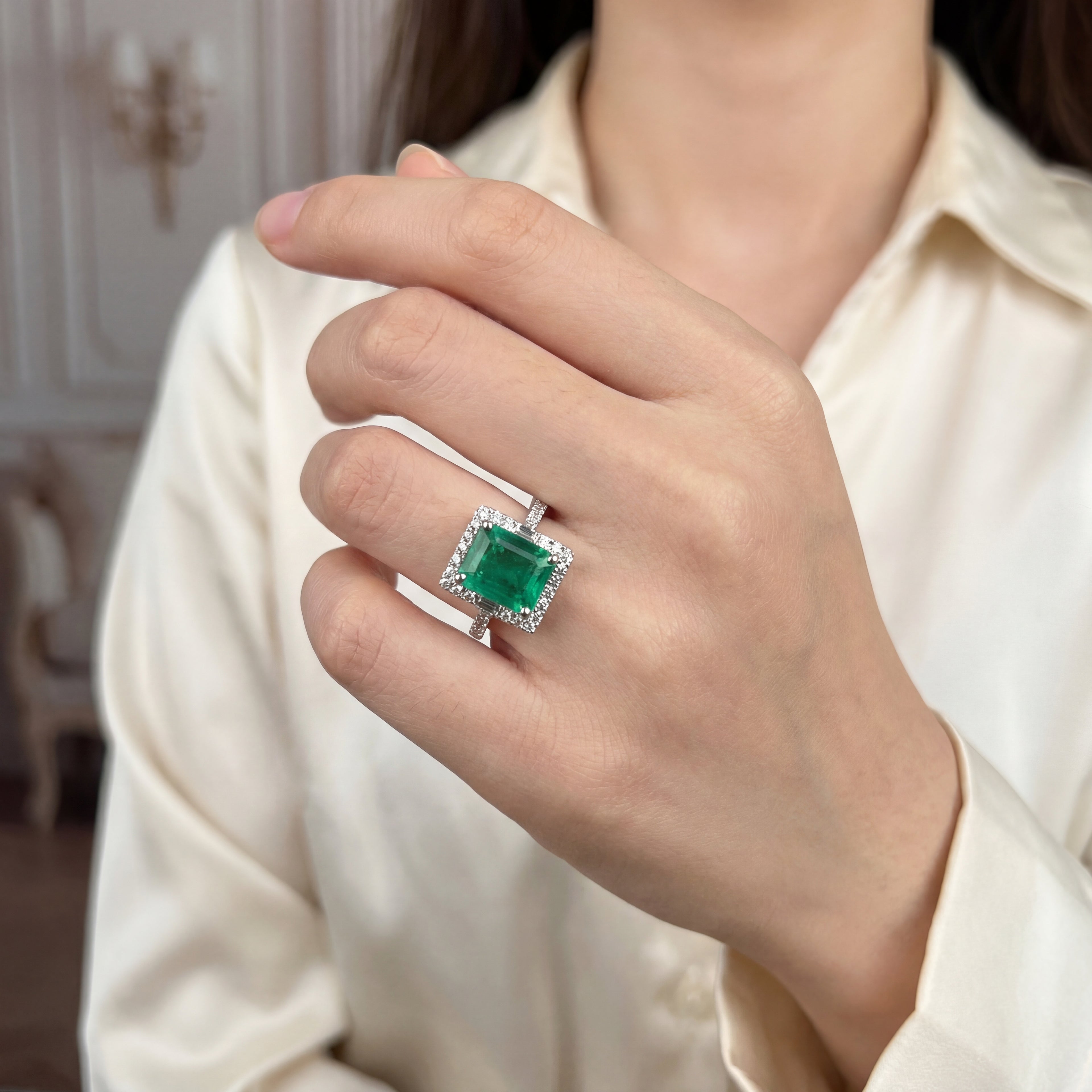 Emerald Cut Emerald & Diamond Halo Ring