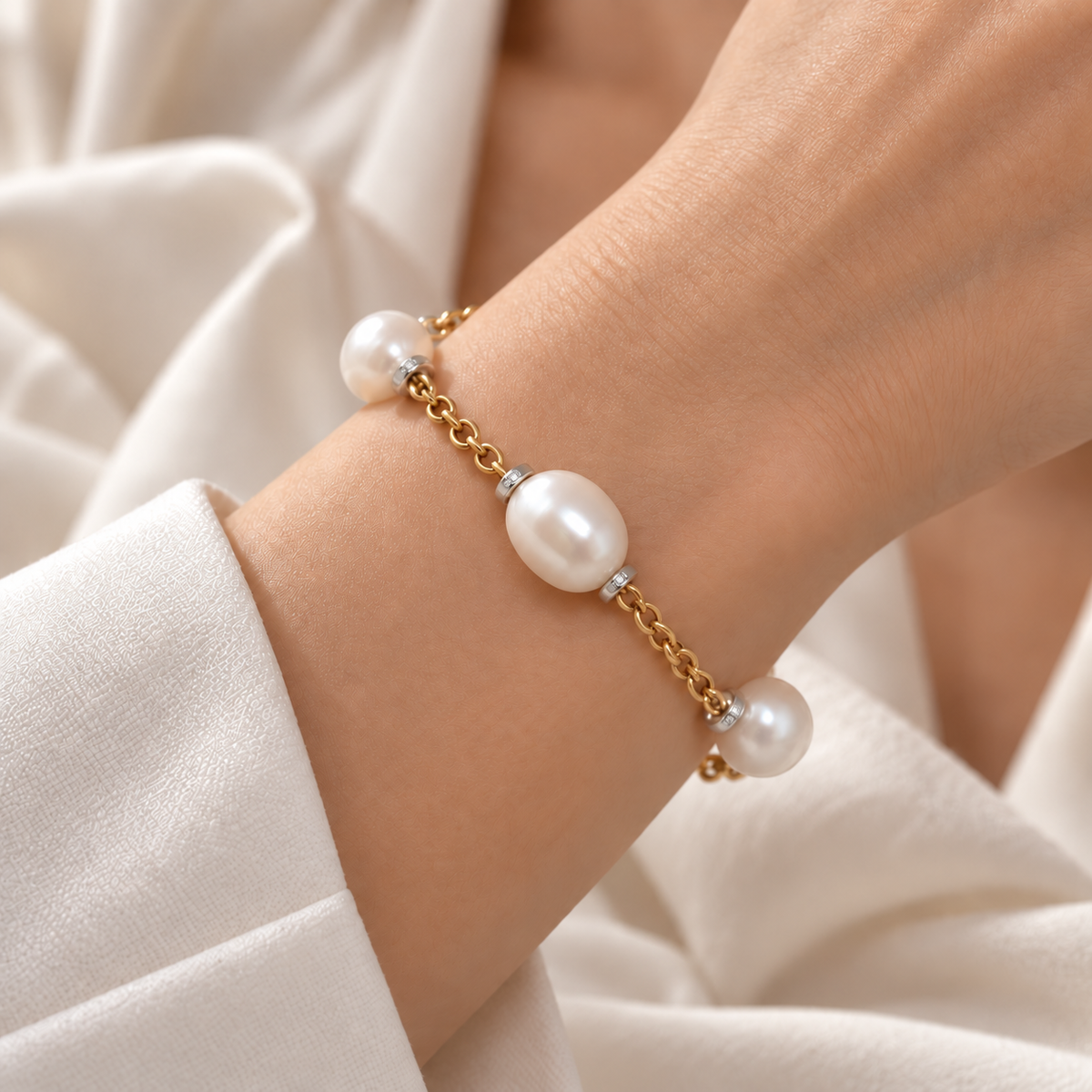 18ct yellow gold pearl and diamond bracelet worn on wrist