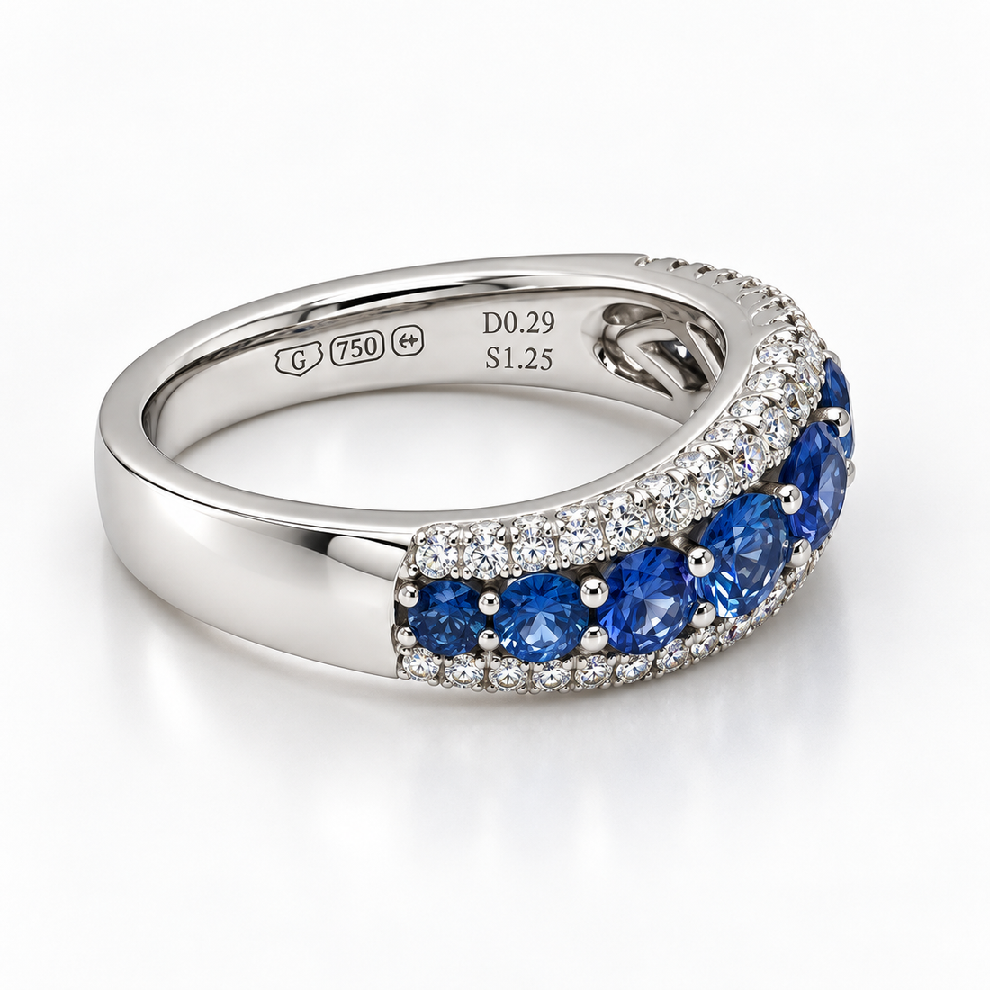 Tanzanite and diamond ring in 18ct white gold - angled hallmark view