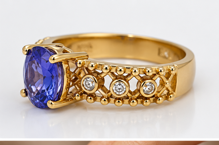 Tanzanite and diamond ring in 18ct yellow gold - angled view
