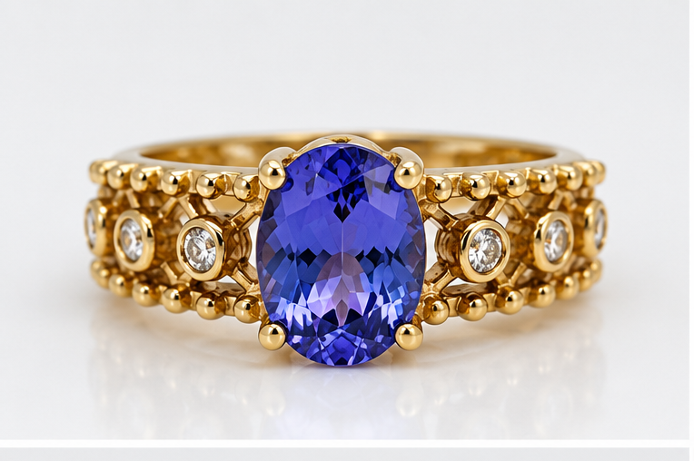 Tanzanite and diamond ring in 18ct yellow gold - front view