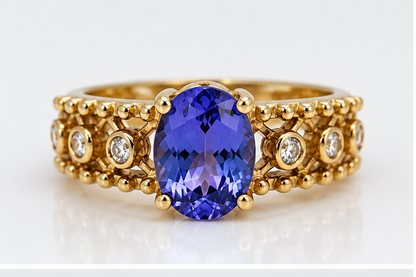 Tanzanite and diamond ring in 18ct yellow gold - front view