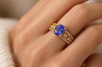 Tanzanite and diamond ring in 18ct yellow gold - model view