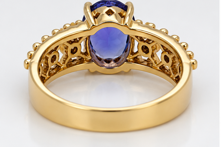 Tanzanite and diamond ring in 18ct yellow gold - rear and underside view