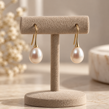 Pearl drop earrings in 18ct yellow gold - hanging display