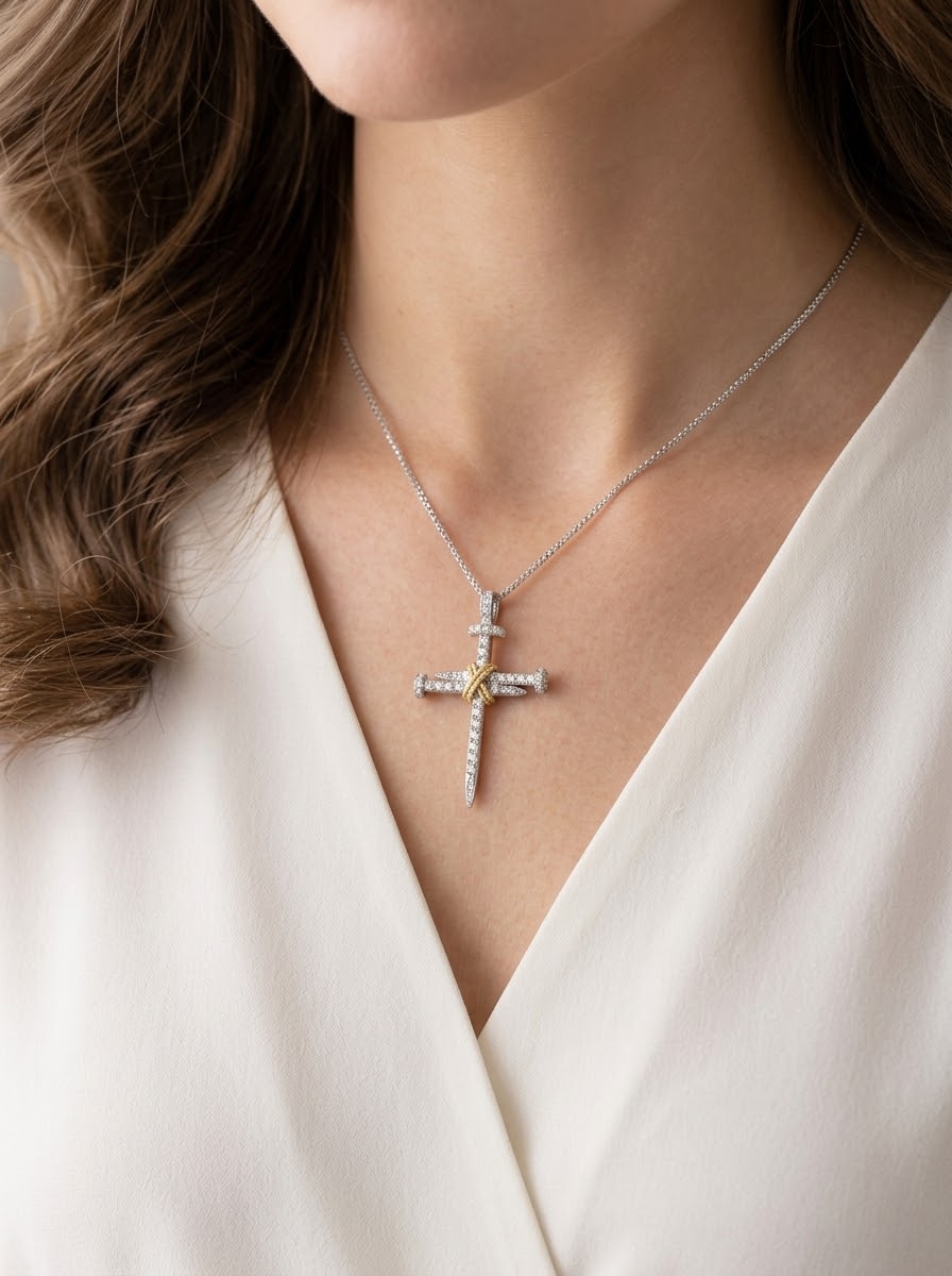 Diamond nail cross pendant and chain worn by female model