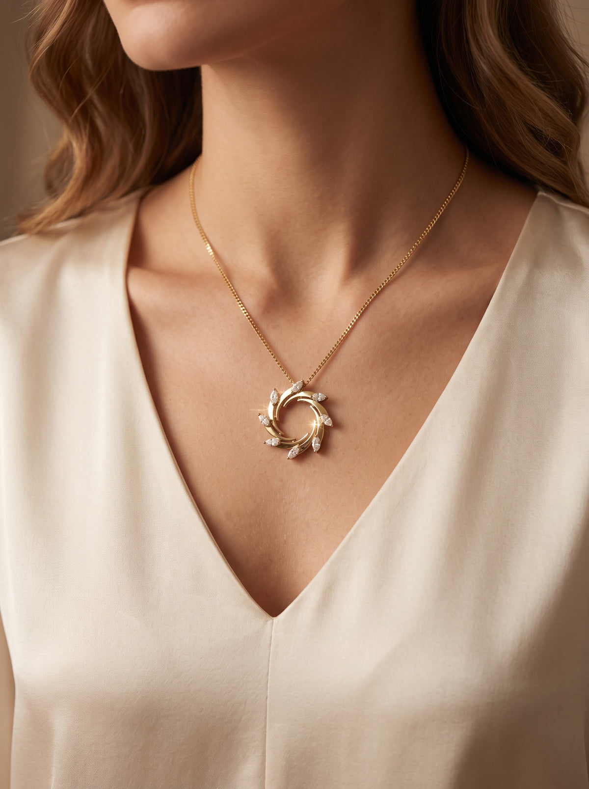 Diamond swirl necklace worn by female model