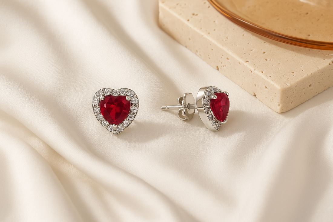 Heart Shaped Ruby &amp; Diamond Halo Stud