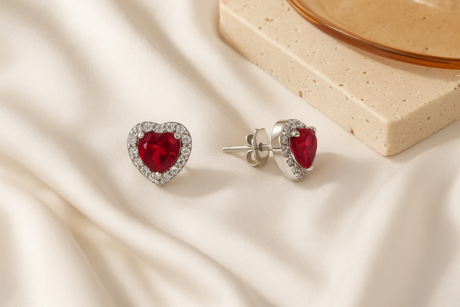 Heart Shaped Ruby &amp; Diamond Halo Stud