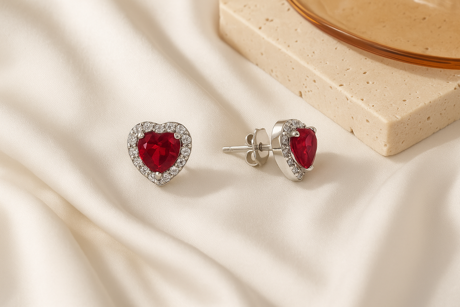 Heart Shaped Ruby &amp; Diamond Halo Stud